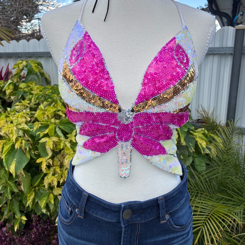 Y2k Colorful Sequin Butterfly Crop Top